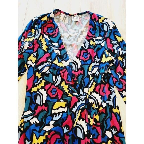 Anne Klein Dress Small Colorful Faux Wrap Jersey Sheath‎ Art Fitted Knee 3/4 - Picture 4 of 6